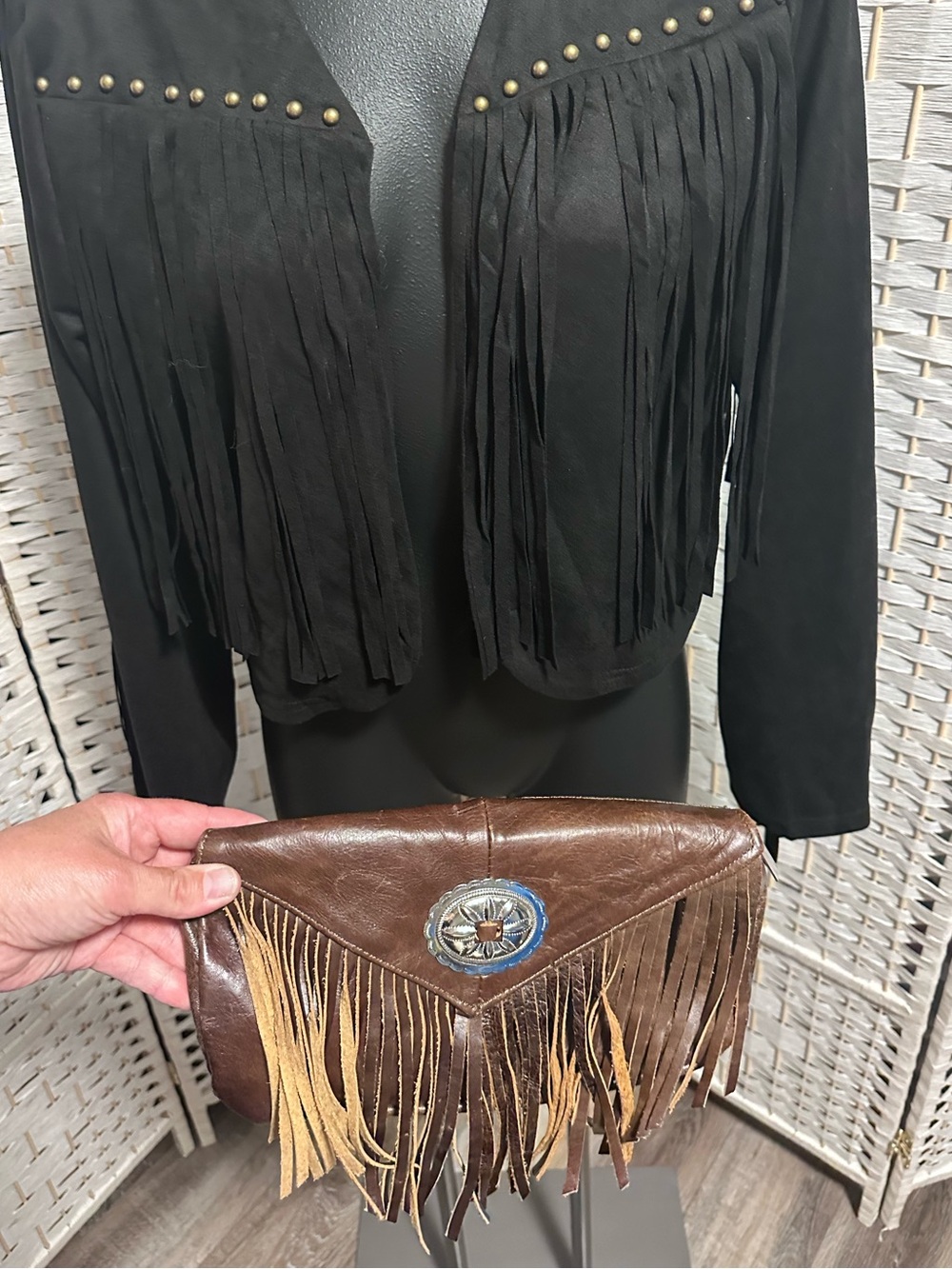 Black Fringe Studded Cropped Jacket and leather fringe clutch